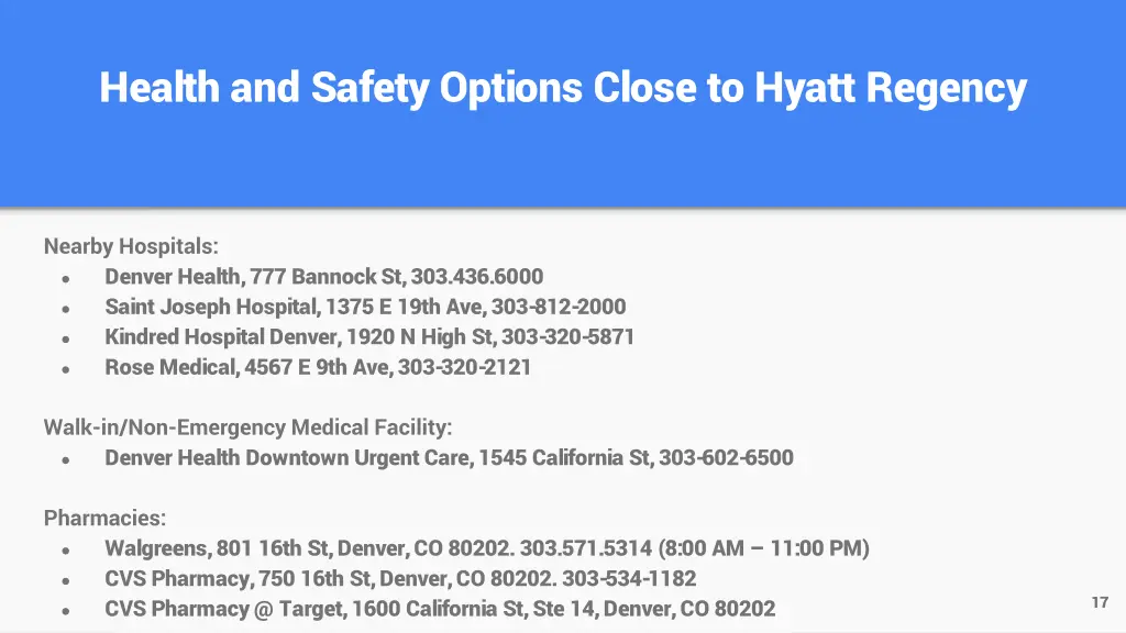 health and safety options close to hyatt regency