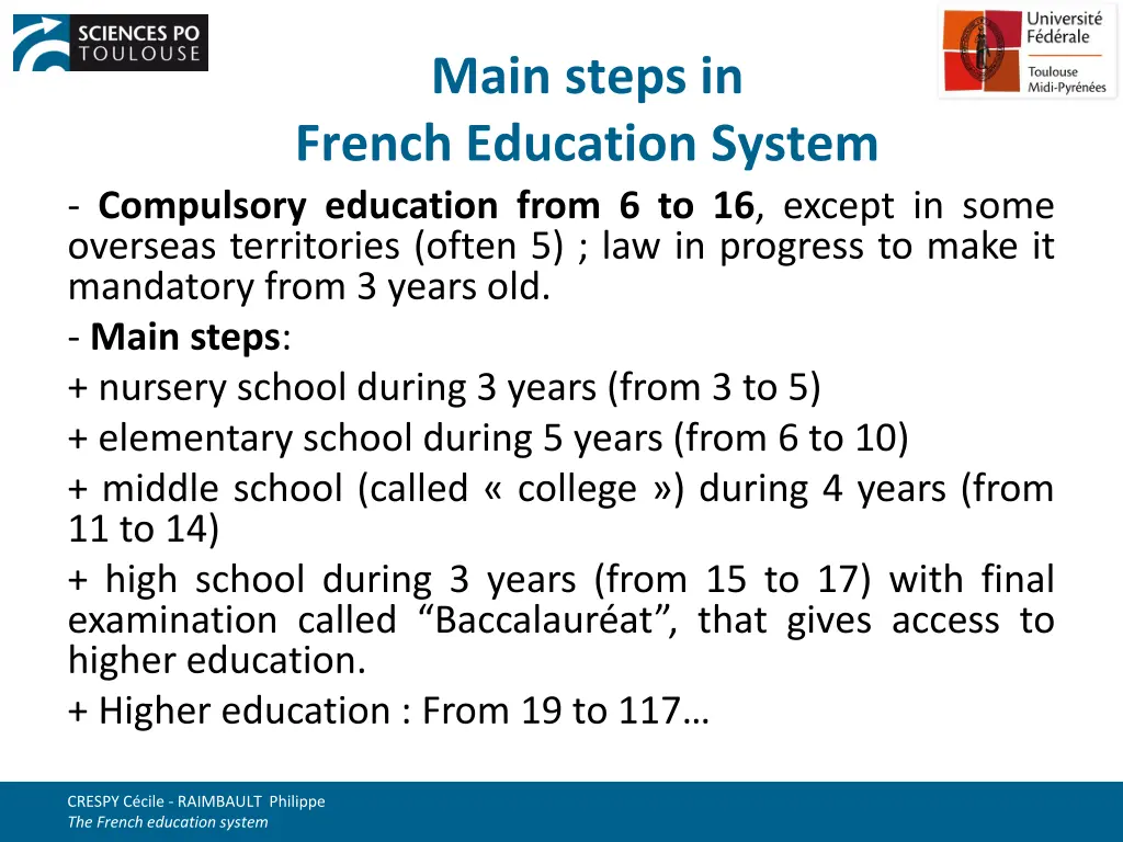 main steps in french education system