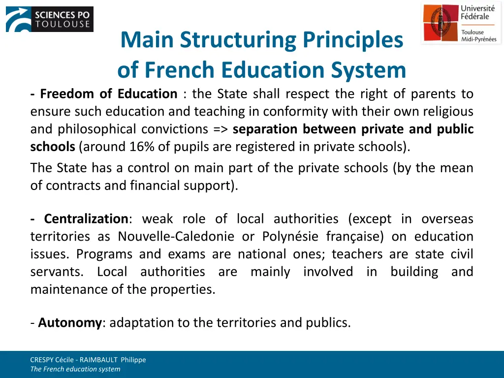 main structuring principles of french education