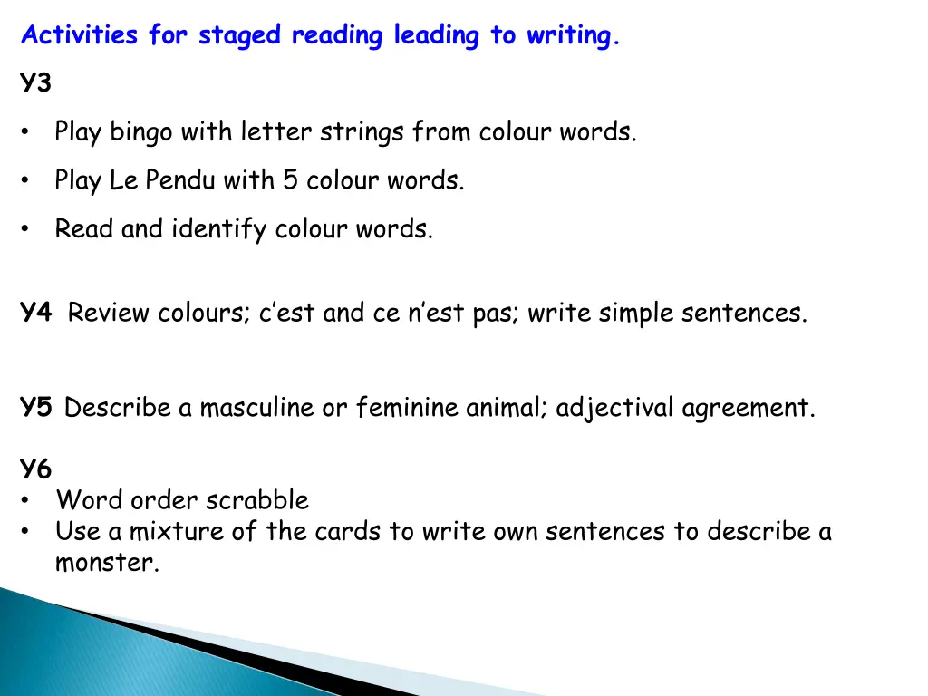 activities for staged reading leading to writing