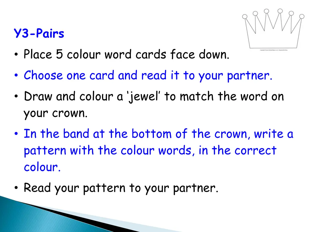 y3 pairs place 5 colour word cards face down