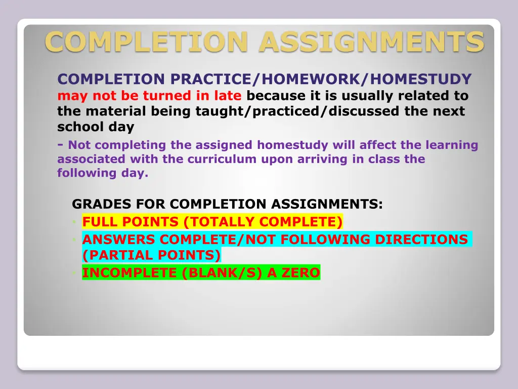 completion assignments