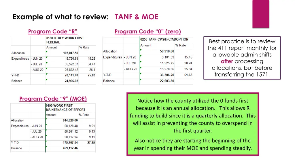 example of what to review tanf moe