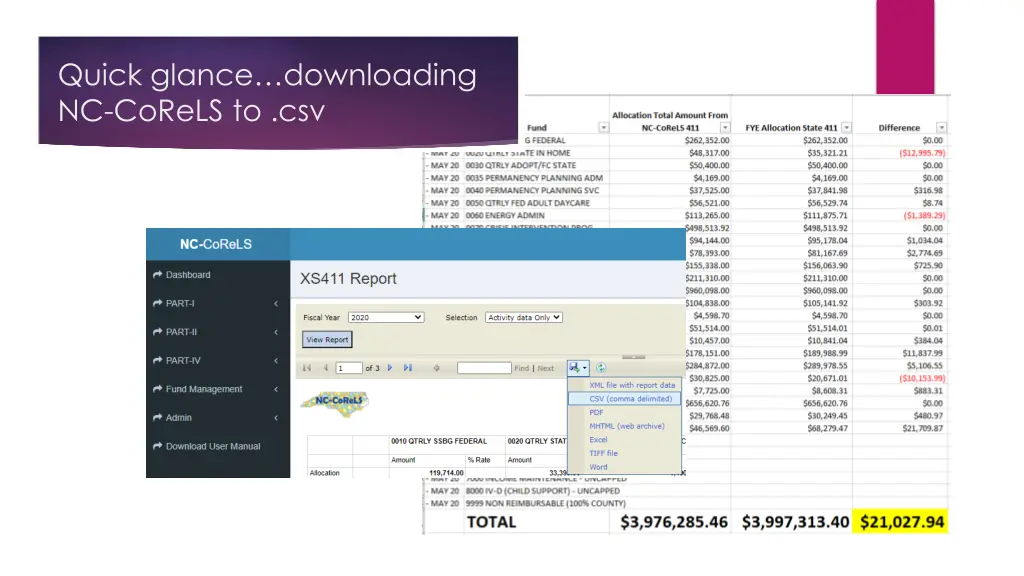 quick glance downloading nc corels to csv