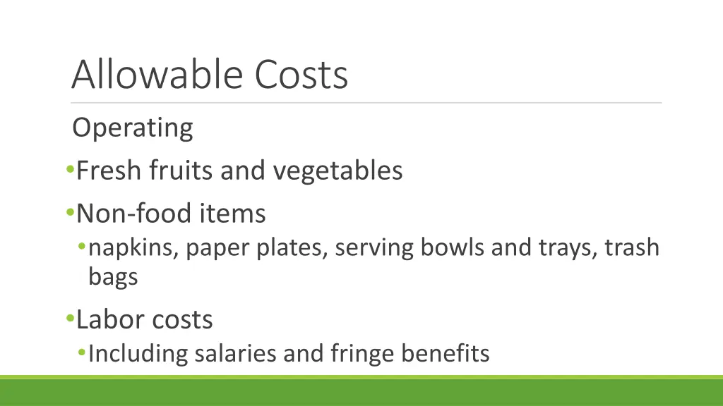 allowable costs operating fresh fruits