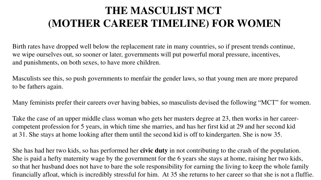 the masculist mct mother career timeline for women