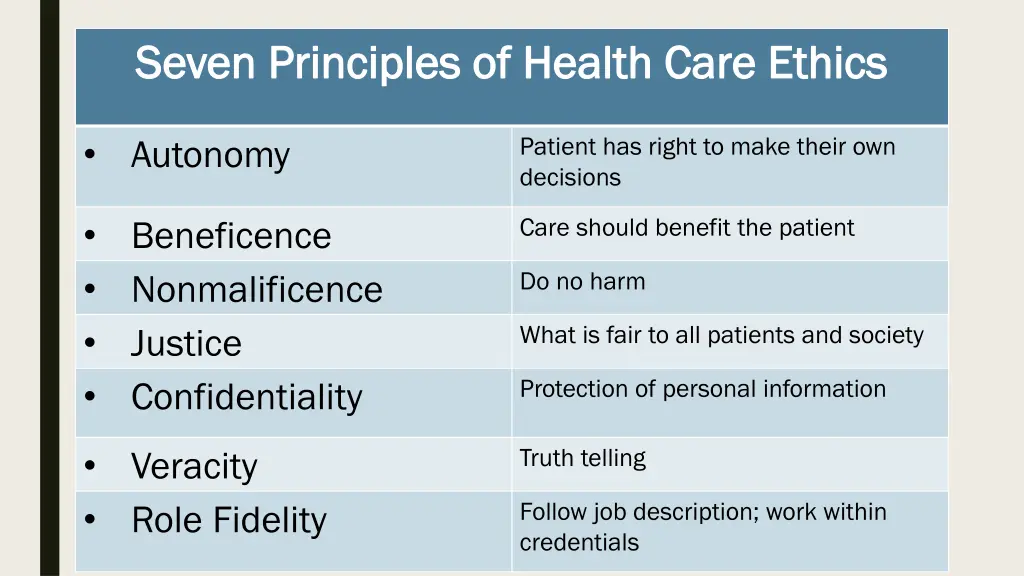 seven principles of health care ethics seven