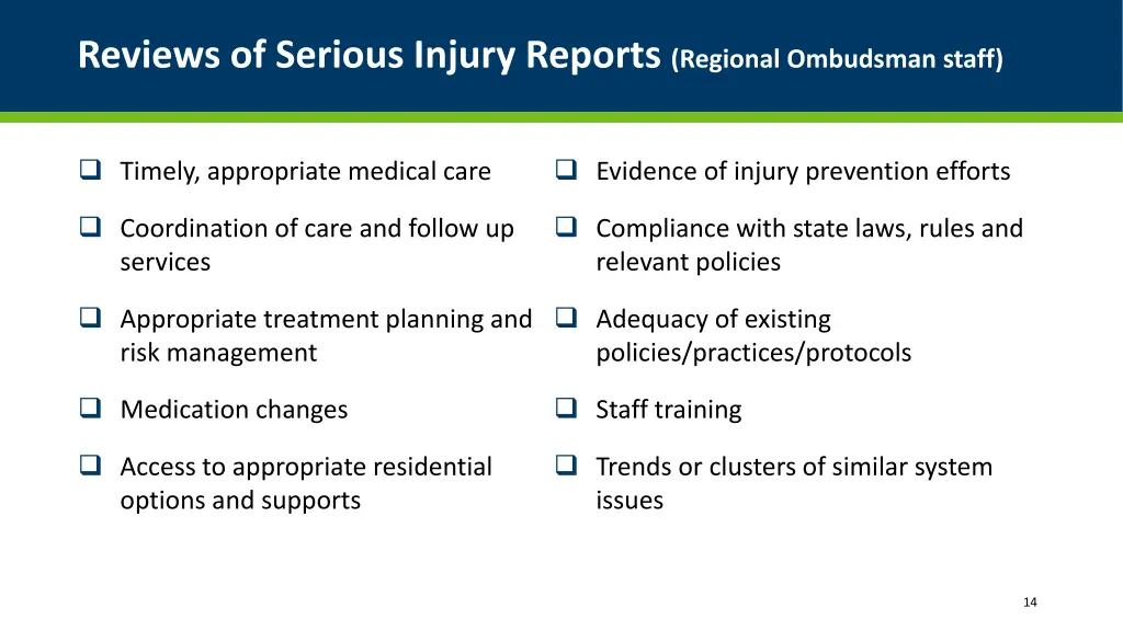 reviews of serious injury reports regional