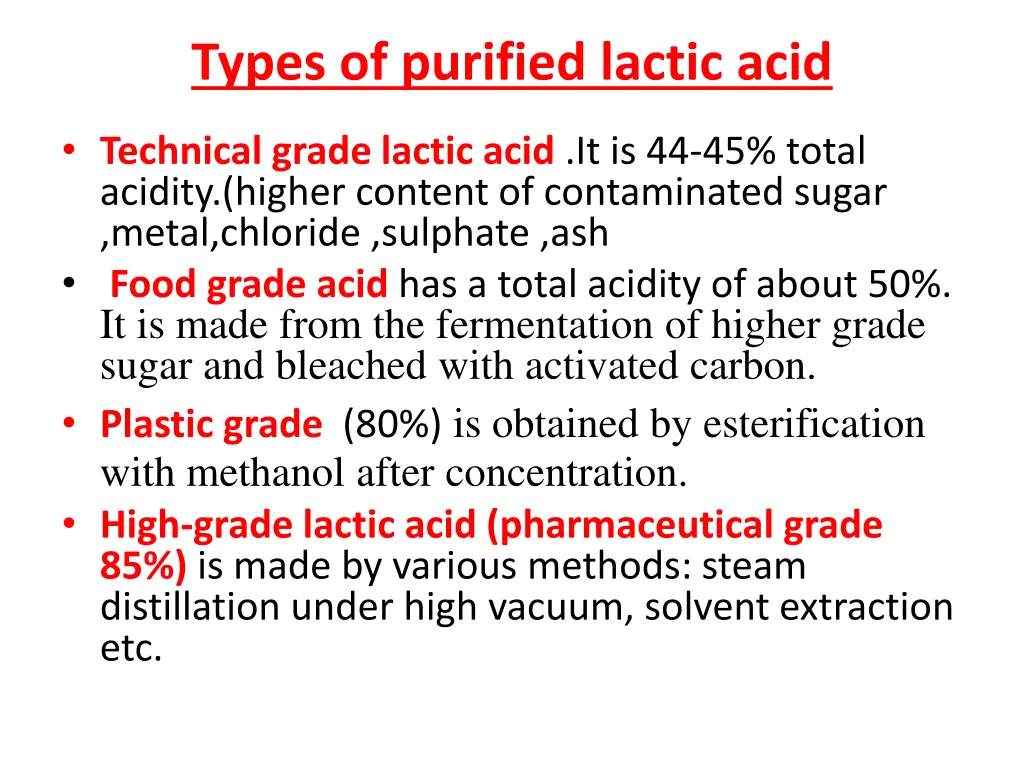 types of purified lactic acid