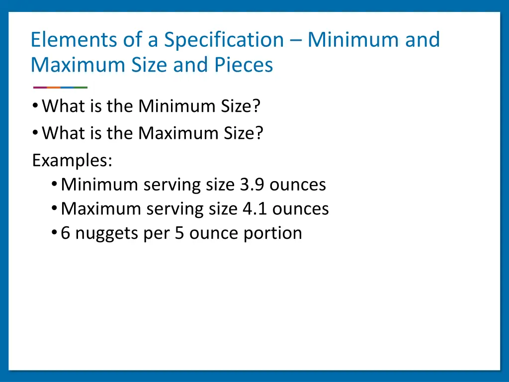 elements of a specification minimum and maximum