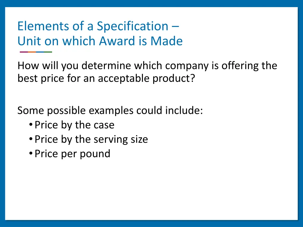 elements of a specification unit on which award