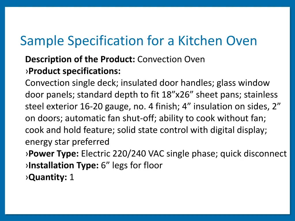 sample specification for a kitchen oven