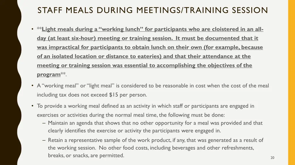 staff meals during meetings training session