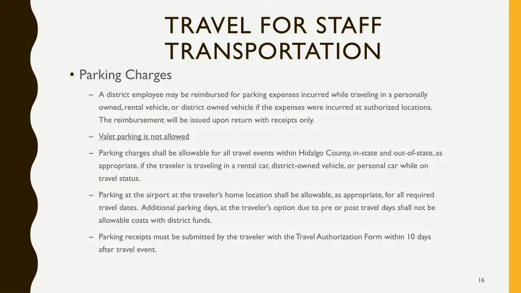 travel for staff transportation parking charges