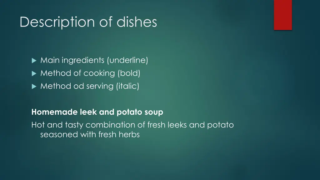 description of dishes