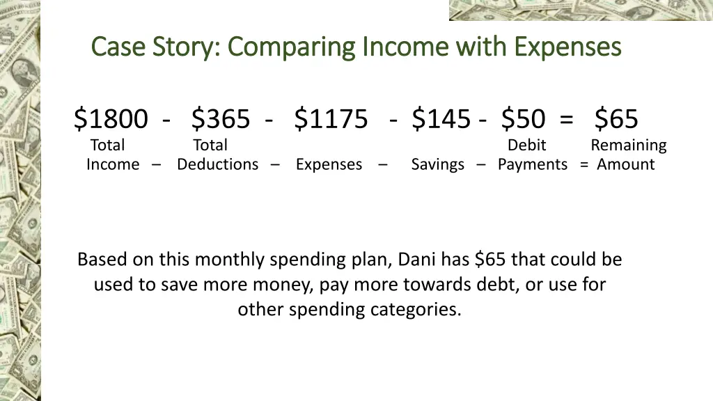 case story comparing income with expenses case