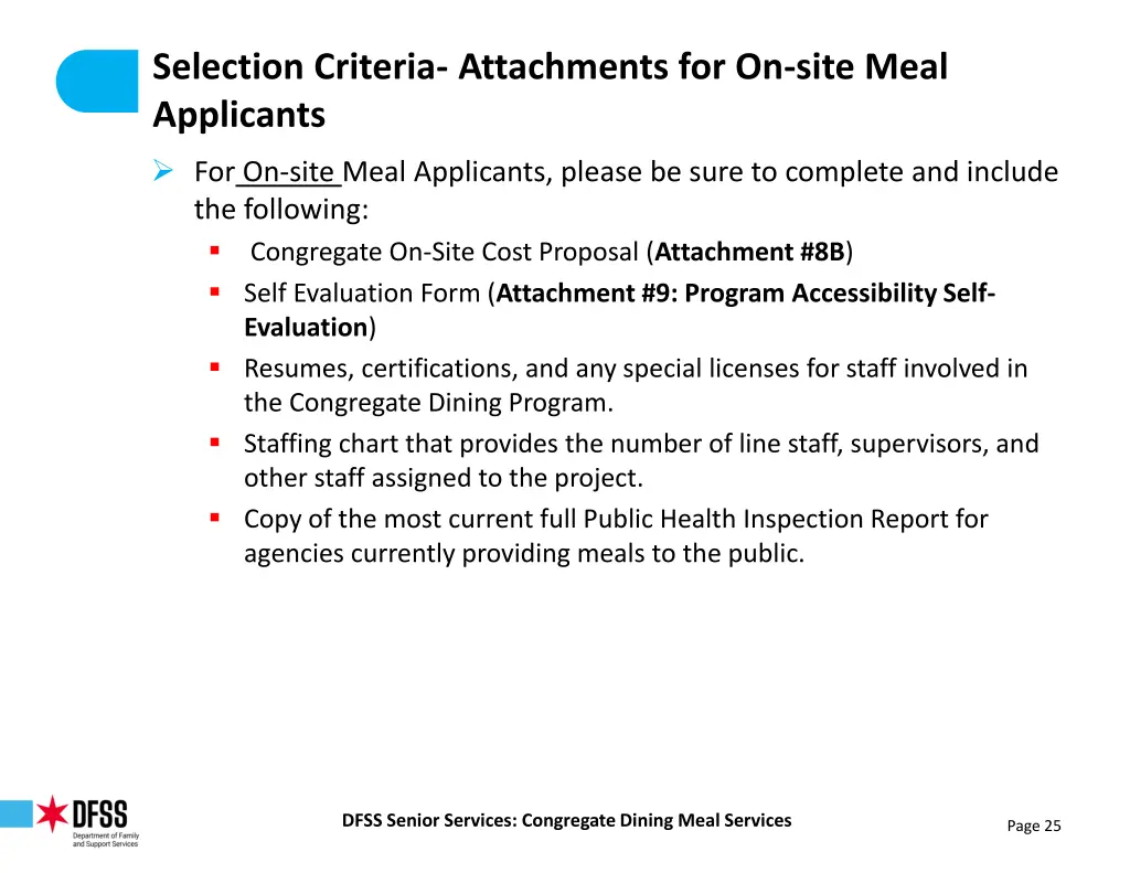 selection criteria attachments for on site meal