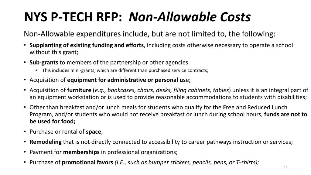 nys p tech rfp non allowable costs