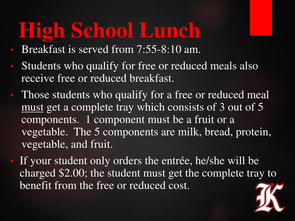 high school lunch breakfast is served from