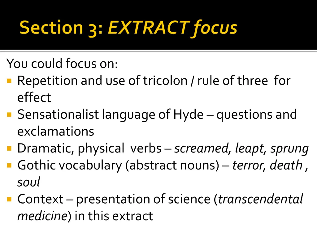 you could focus on repetition and use of tricolon