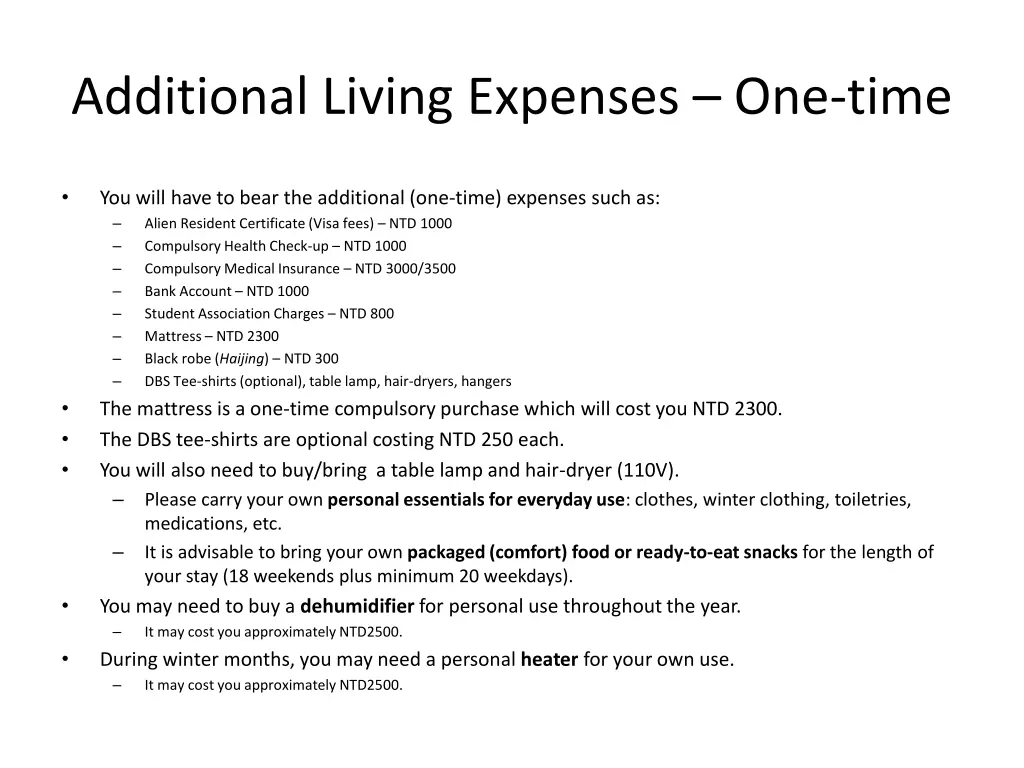 additional living expenses one time