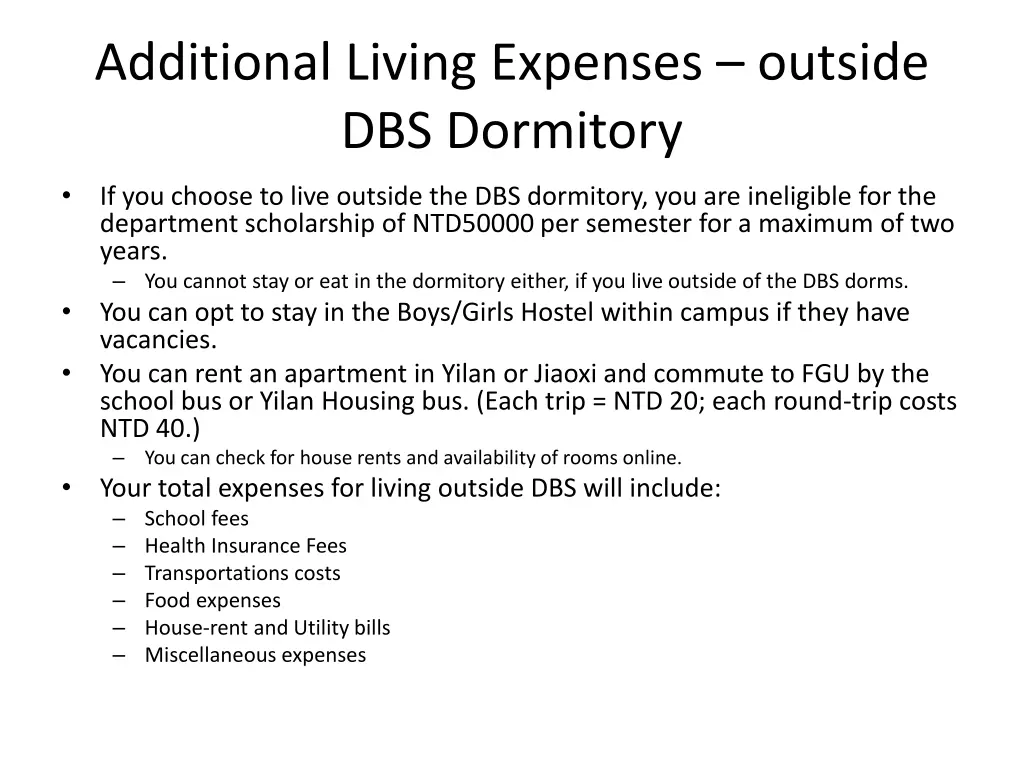 additional living expenses outside dbs dormitory