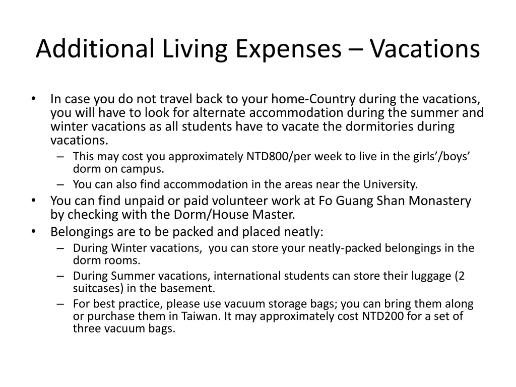 additional living expenses vacations