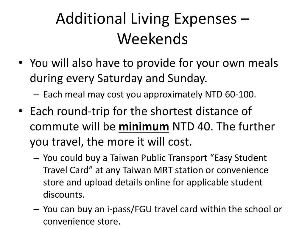 additional living expenses weekends