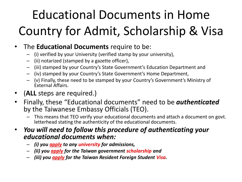 educational documents in home country for admit