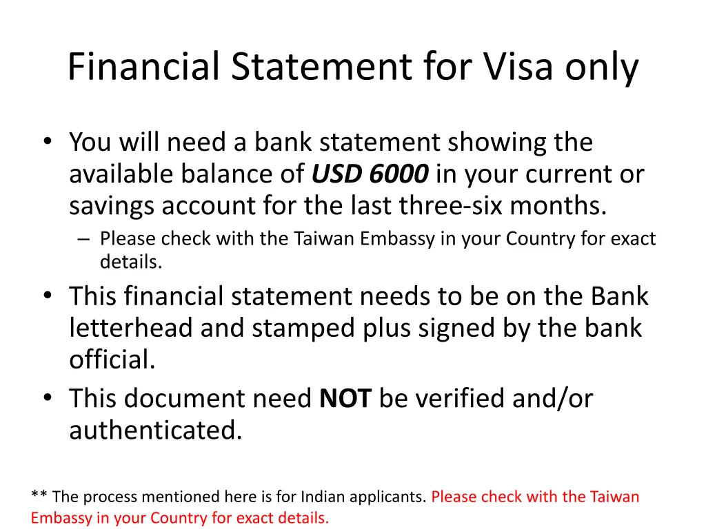 financial statement for visa only