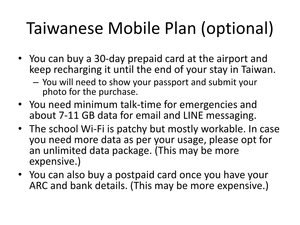 taiwanese mobile plan optional