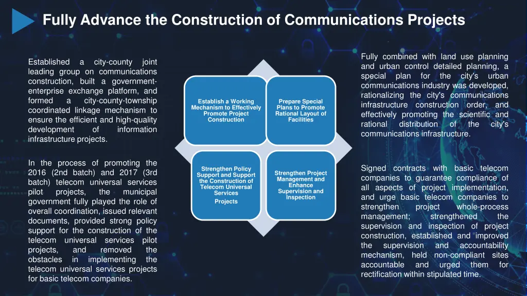 fully advance the construction of communications 1