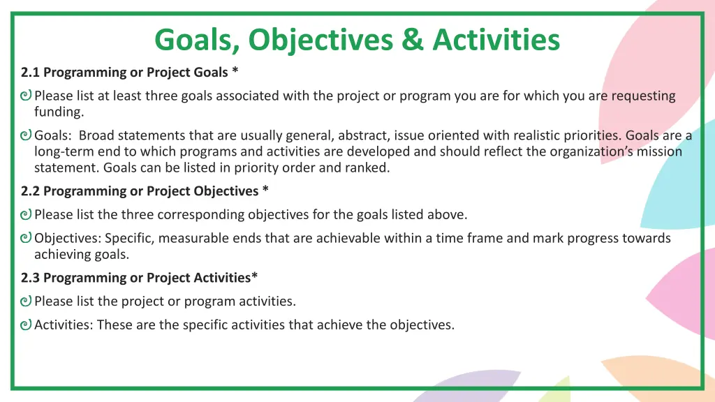 goals objectives activities 2 1 programming