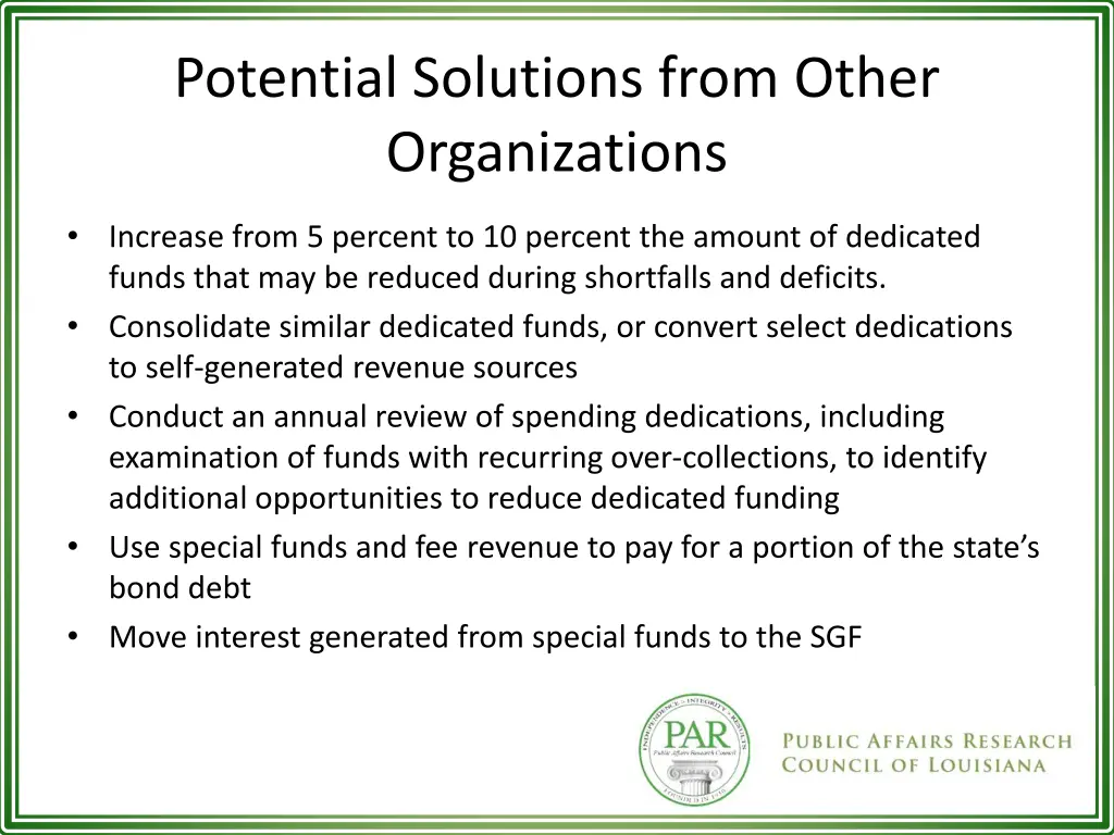 potential solutions from other organizations