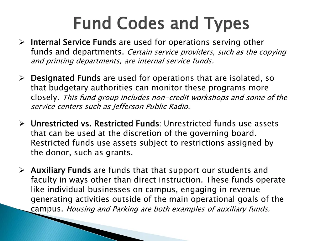 fund codes and types internal service funds funds