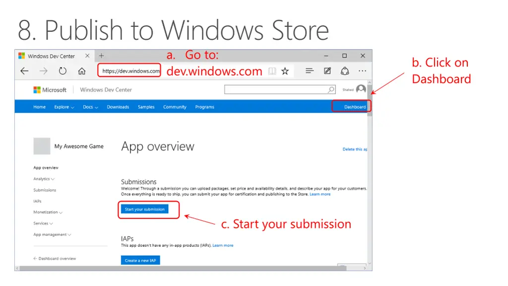 8 publish to windows store a go to dev windows com