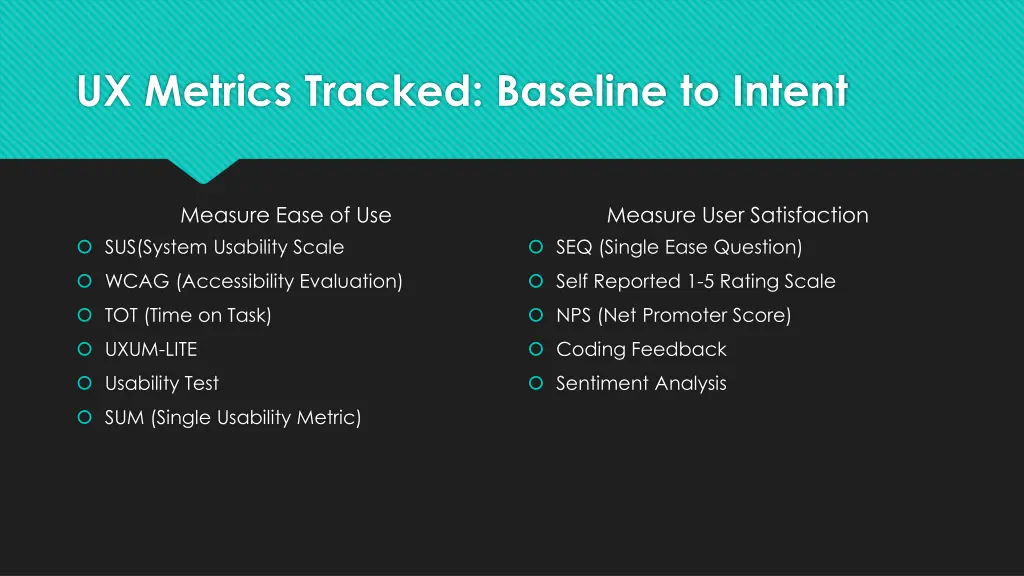 ux metrics tracked baseline to intent