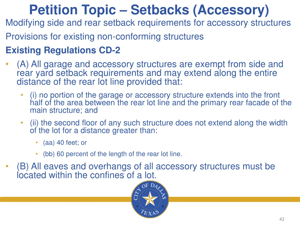 petition topic setbacks accessory modifying side