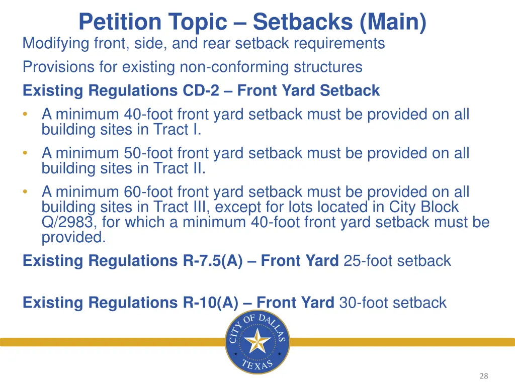 petition topic setbacks main modifying front side