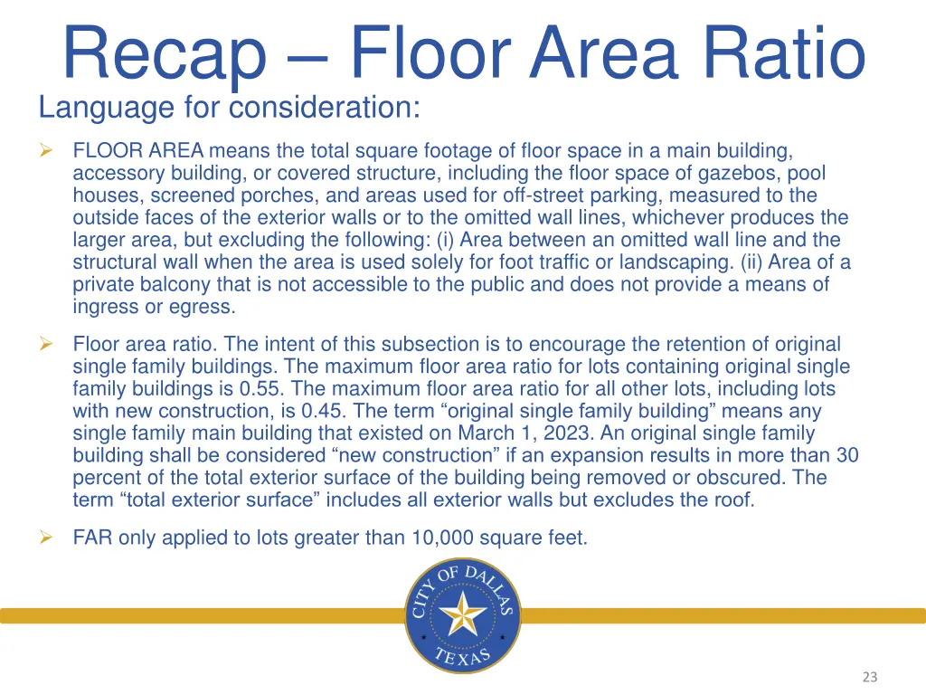 recap floor area ratio language for consideration