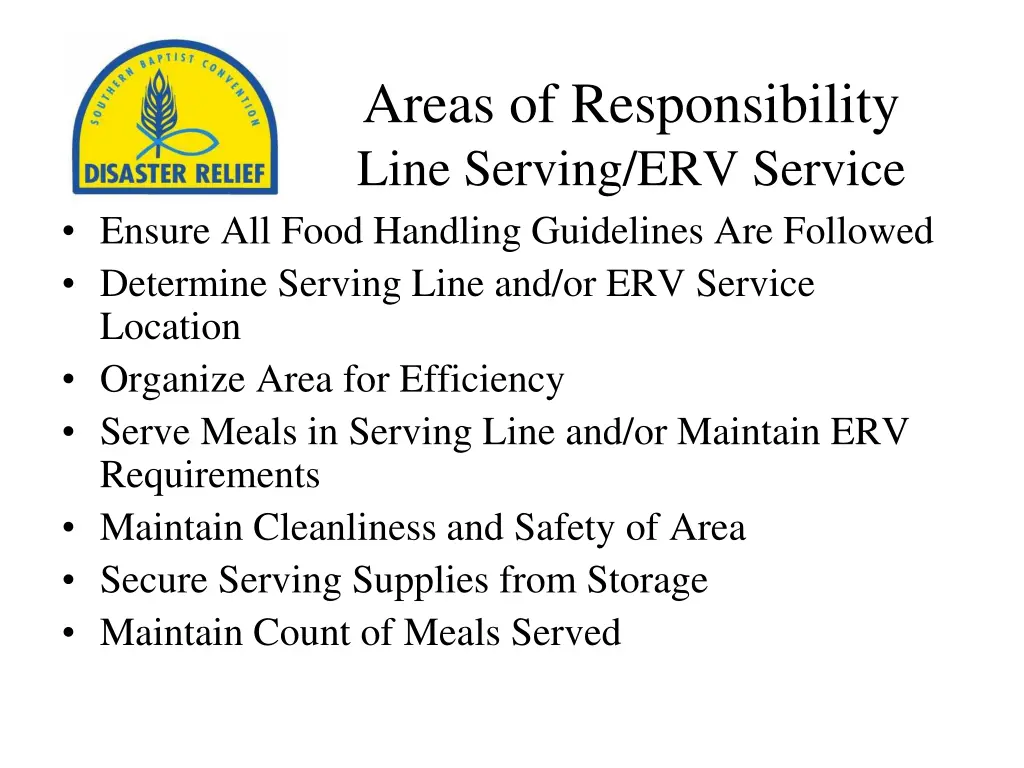 areas of responsibility line serving erv service