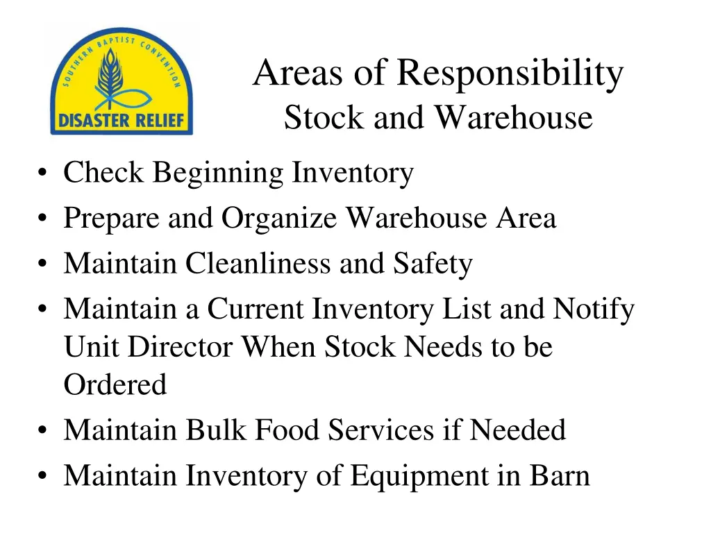 areas of responsibility stock and warehouse