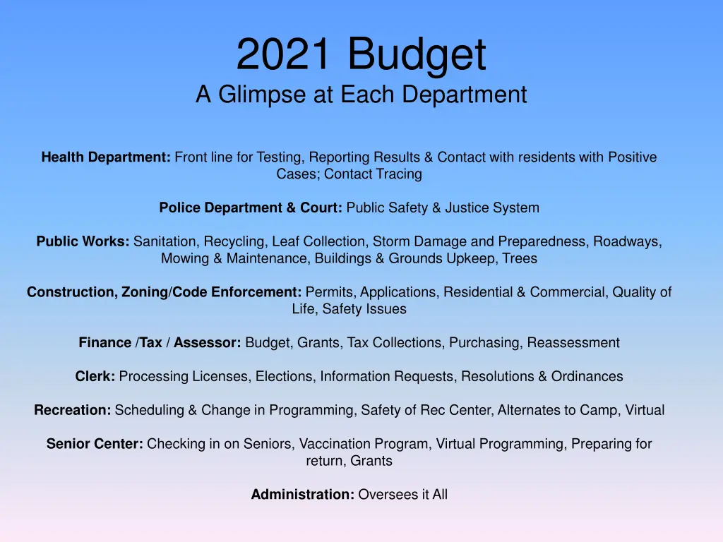 2021 budget a glimpse at each department