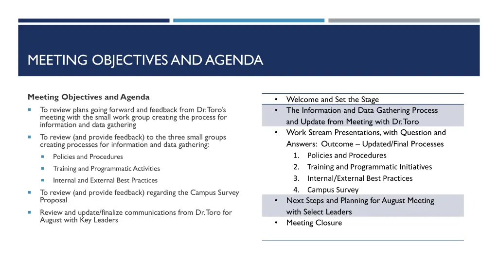 meeting objectives and agenda