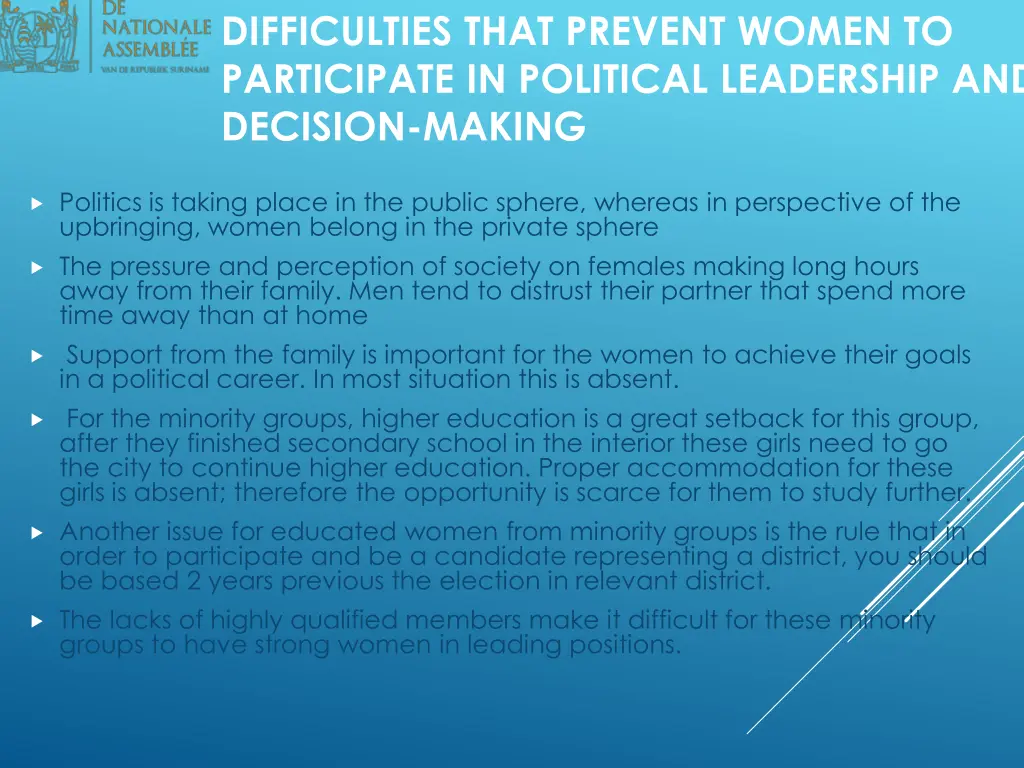 difficulties that prevent women to participate