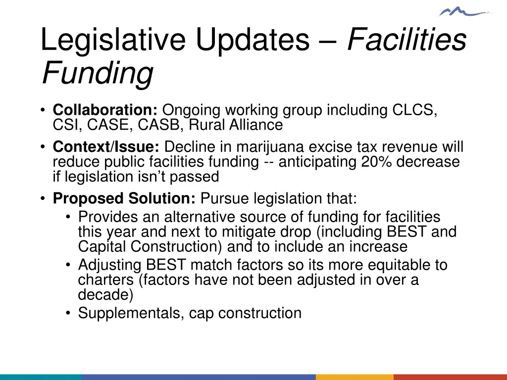 legislative updates facilities funding