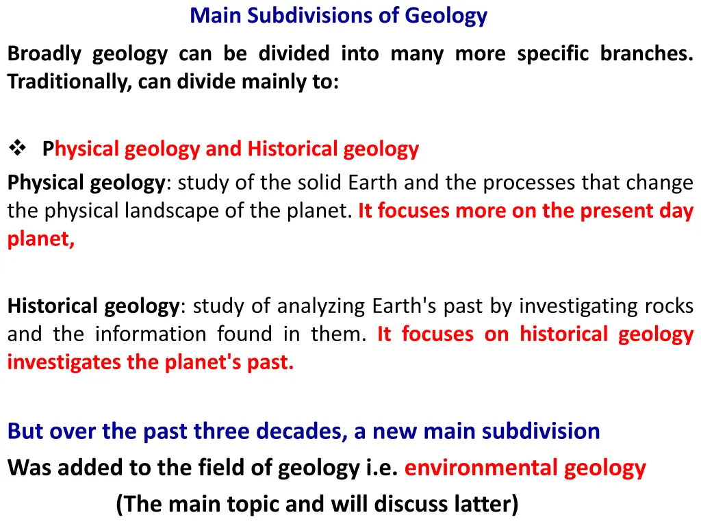 main subdivisions of geology