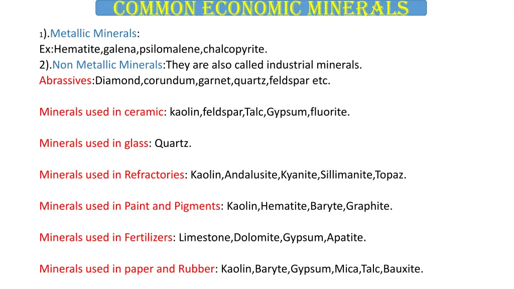 common economic minerals