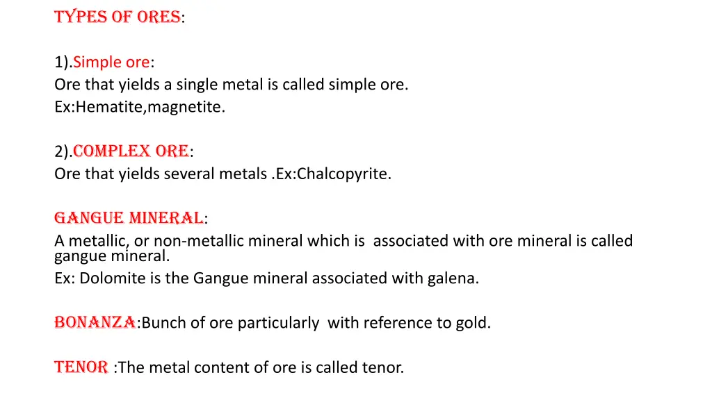 types of ores