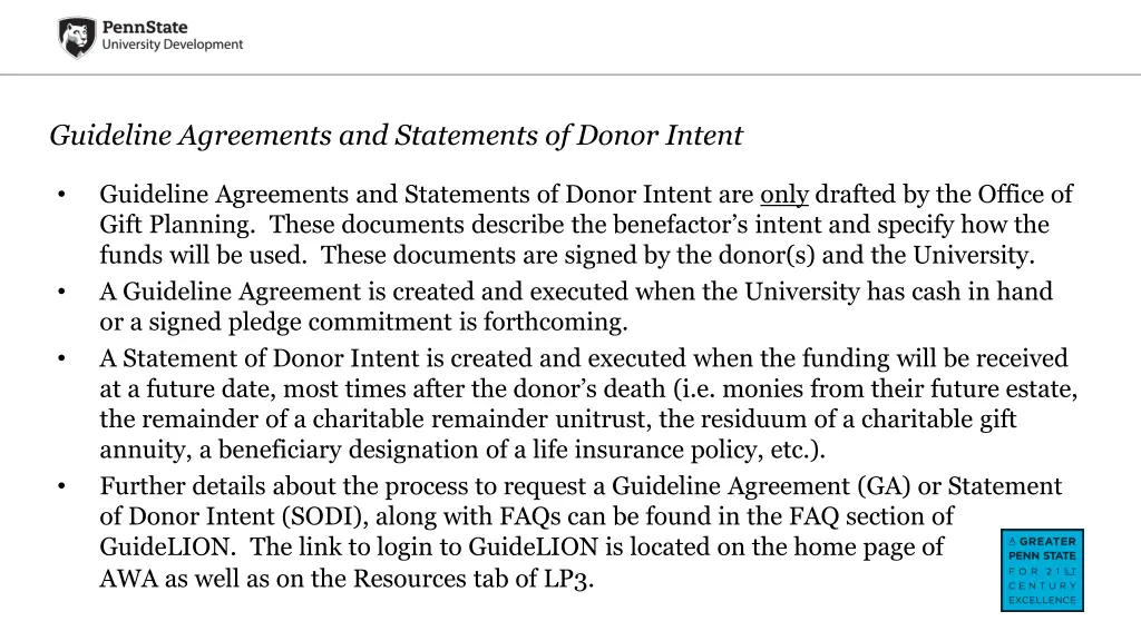 guideline agreements and statements of donor